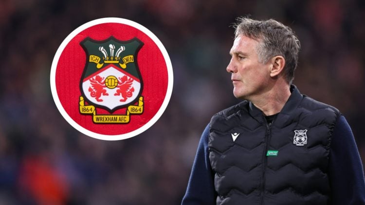 Wrexham manager Phil Parkinson stands on the touchline. Inset a picture of the official club badge of Wrexham AFC.