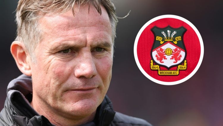 Wrexham manager Phil Parkinson looks on. Inset a picture of the official club badge of Wrexham AFC.
