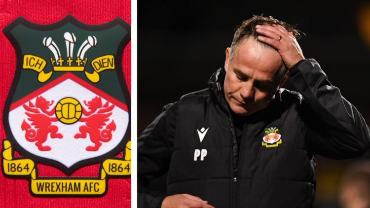 Split image of the official club badge of Wrexham AFC, and Wrexham manager Phil Parkinson.