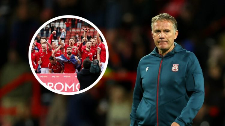 Wrexham manager Phil Parkinson looks on. Inset, the Wrexham players celebrate promotion.