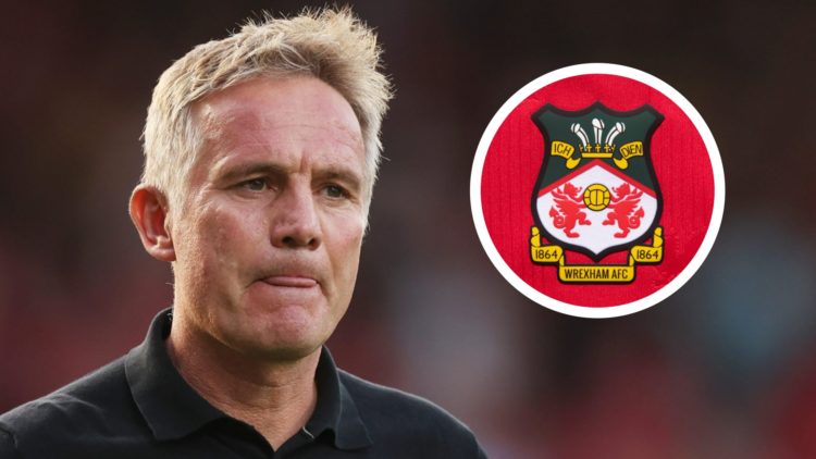 Wrexham manager Phil Parkinson looks on. Inset a picture of the official club badge of Wrexham AFC.