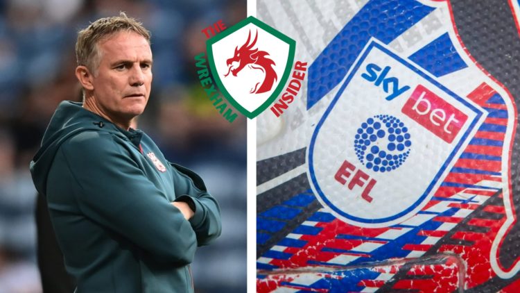 Split image of Wrexham manager Phil Parkinson on the touchline, and an official football with the logo of the English Football League.