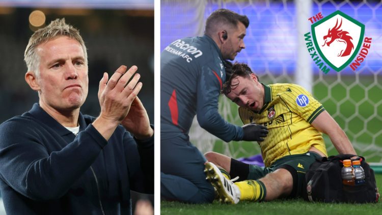 Split image of Wrexham manager Phil Parkinson clapping the fans, and Wrexham player Ollie Rathbone down with an injury.