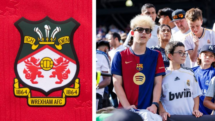 Split image of the official club badge of Wrexham AFC, and fans of Real Madrid and Barcelona.