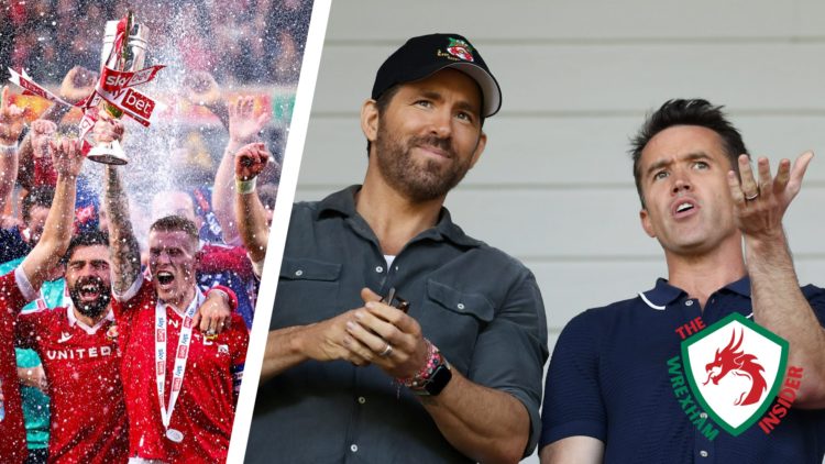Split image of the Wrexham players celebrating promotion, and Wrexham co-owners Rob Mac and Ryan Reynolds in the stands.