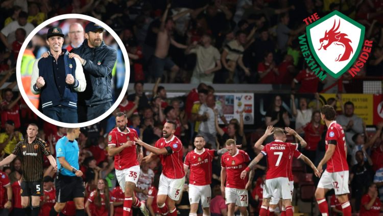 Wrexham players celebrate scoring a goal. Inset, Wrexham owners Rob Mac and Ryan Reynolds celebrate promotion.