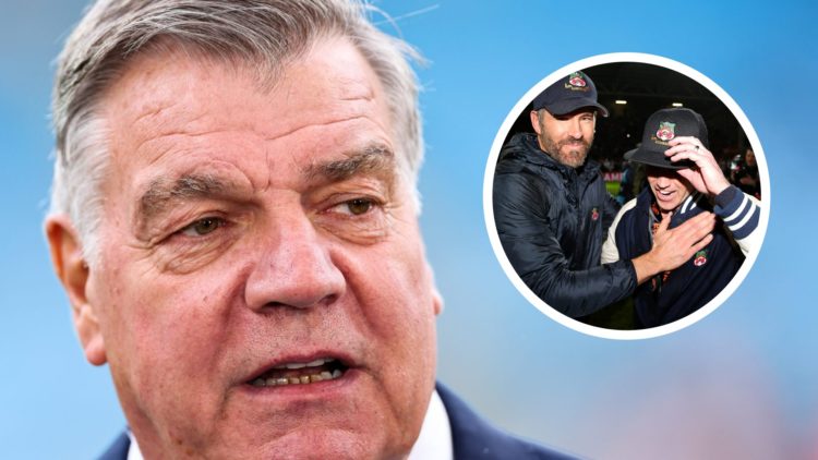 Pundit Sam Allardyce talks to the press. Inset a picture of Wrexham co-owners Rob Mac and Ryan Reynolds.