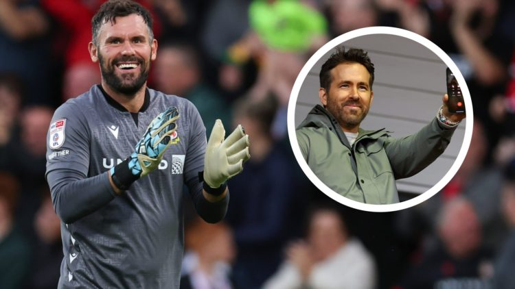Wrexham goalkeeper Ben Foster claps the fans. Inset a picture of Wrexham co-owner Ryan Reynolds.