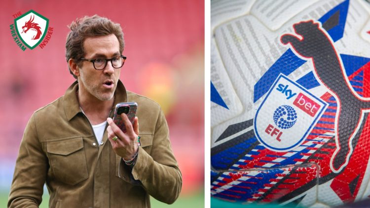 Split image of Wrexham owner Ryan Reynolds, and the official logo of the EFL Championship.