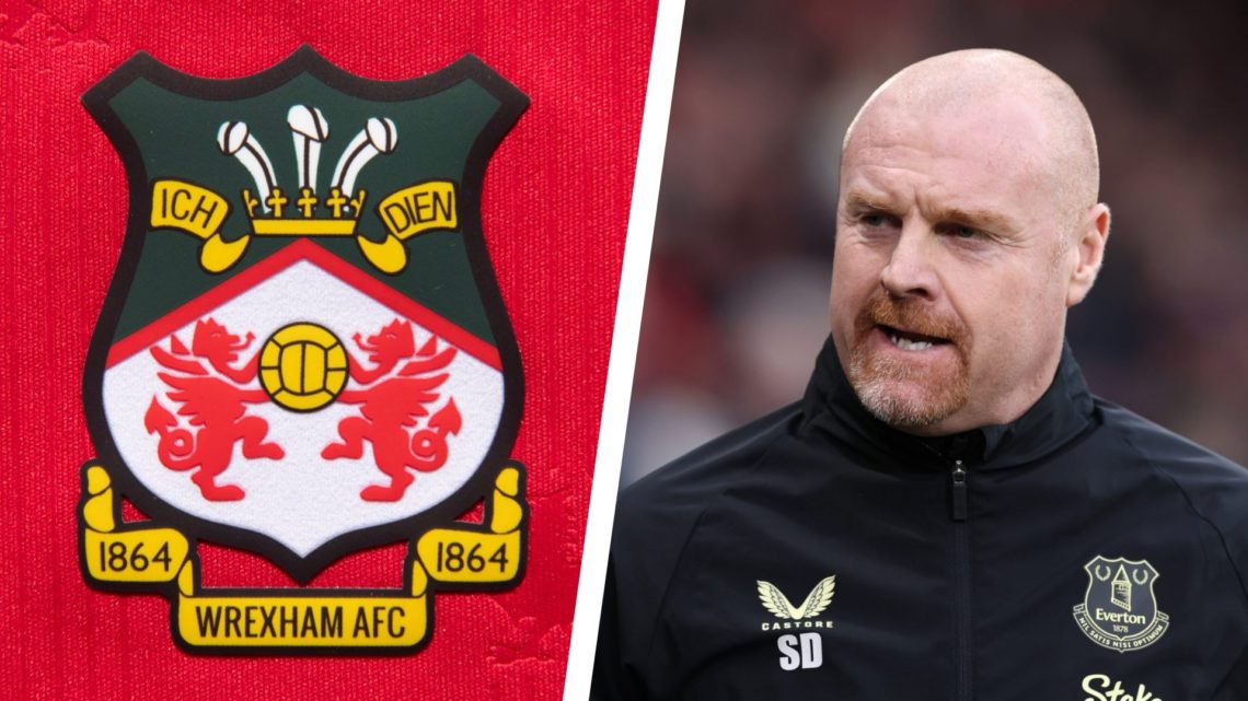 Split image of the official club badge of Wrexham AFC, and Everton manager Sean Dyche.