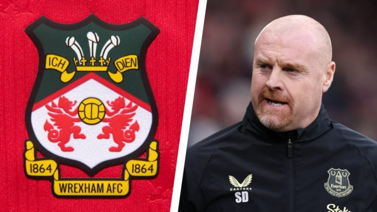 Split image of the official club badge of Wrexham AFC, and Everton manager Sean Dyche.