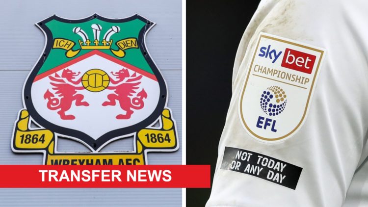 An exterior view of the Racecourse Ground during Wrexham v Wolverhampton Wanderers U21in the EFL Trophy. A detailed view of a shirt sleeve with the...