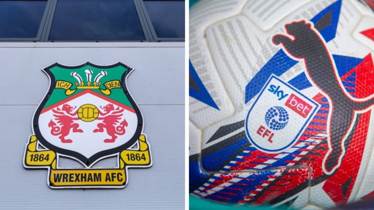 An exterior view of the Racecourse Ground during Wrexham v Wolverhampton Wanderers U21in the EFL Trophy. A detailed view of the SkyBet and EFL leag...