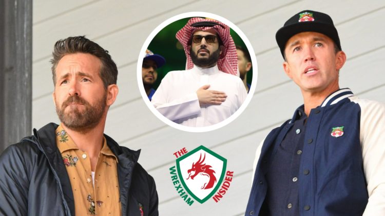 Wrexham co-owners Ryan Reynolds and Rob Mac watch on. Inset a picture of Saudi businessman Turki Al-Sheikh.