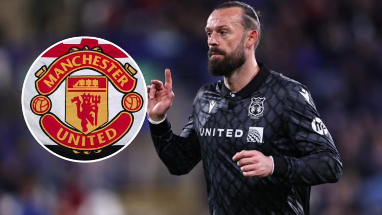 Steven Fletcher of Wrexham during the Sky Bet League One match between Huddersfield Town AFC and Wrexham AFC. Inset, A banner displaying the Manche...