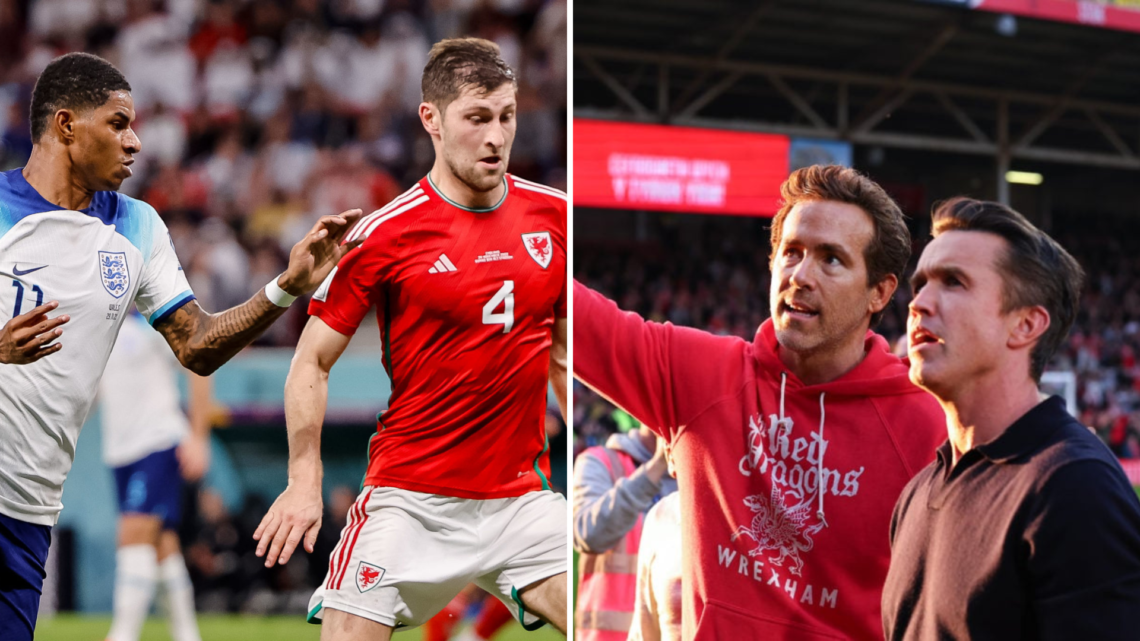Right, Ryan Reynolds and Rob McElhenney co owners of Wrexham during the Sky Bet League One match between Wrexham AFC and Charlton Athletic FC at Ra...
