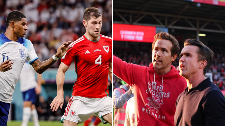 Right, Ryan Reynolds and Rob McElhenney co owners of Wrexham during the Sky Bet League One match between Wrexham AFC and Charlton Athletic FC at Ra...
