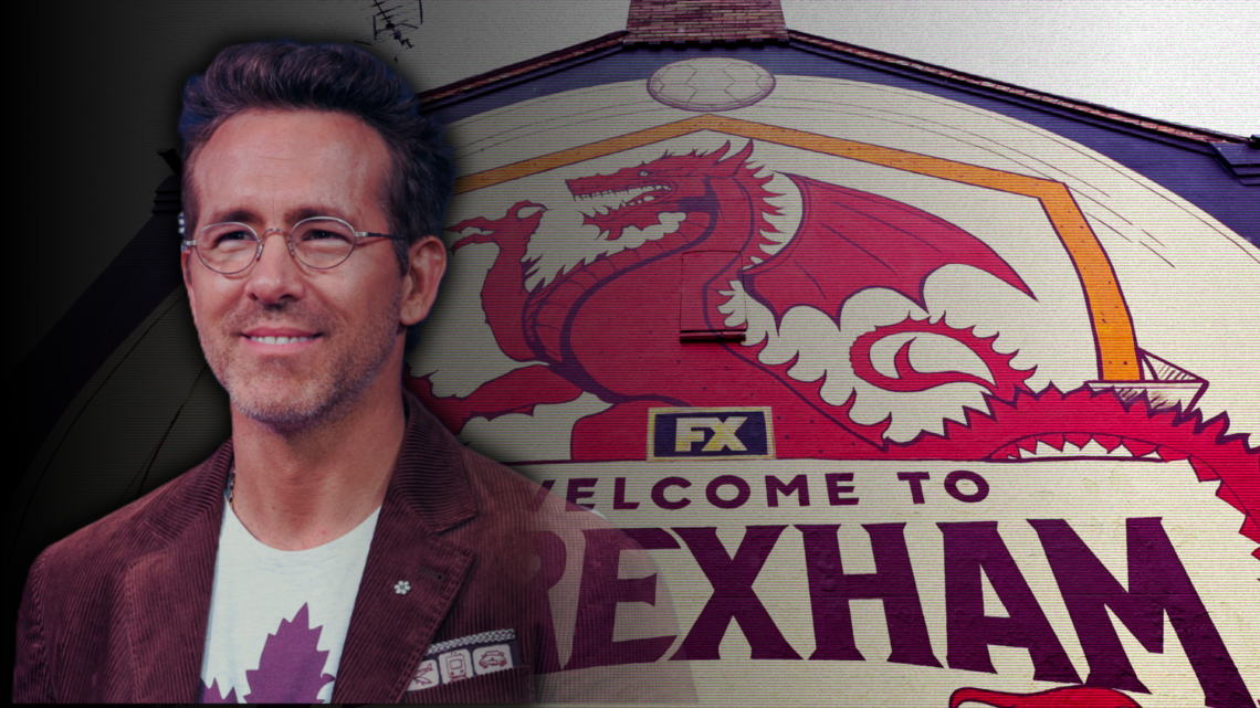 A general view of a welcome to Wrexham football-branded mural. Ryan Reynolds attends the premiere of "John Candy: I Like Me"