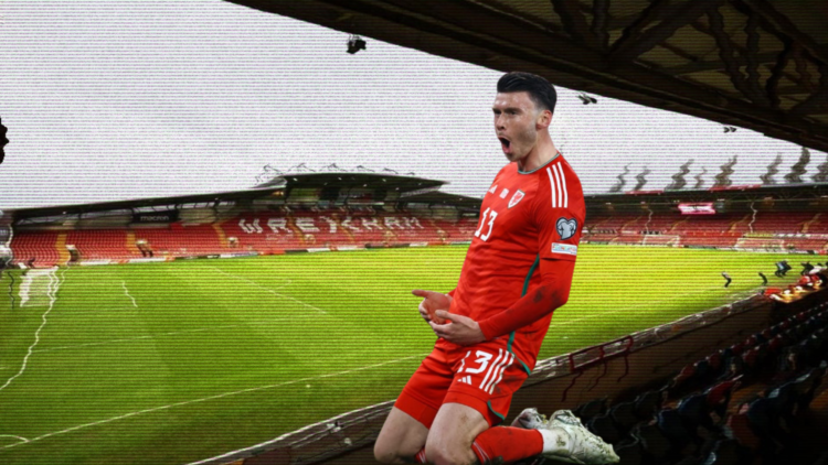 Background, General view inside the stadium prior to the international friendly match between Wales and Gibraltar at Racecourse Ground. Inset, Kief...