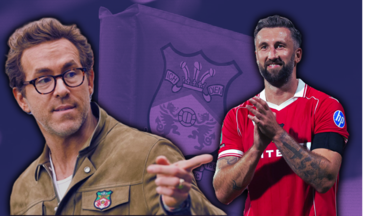 Ryan Reynolds co-owner of Wrexham ahead of the Sky Bet League One match between Wrexham AFC and Charlton Athletic. Ollie Palmer of Wrexham applauds...