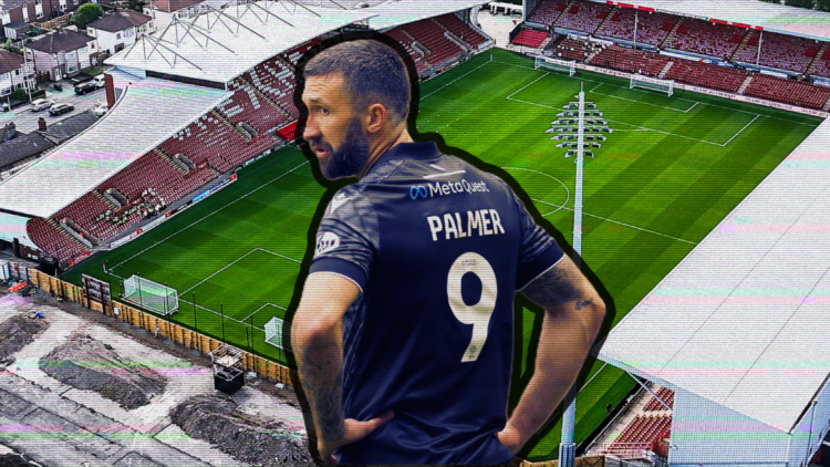 Ollie Palmer in action during Charlton Athletic FC v Wrexham AFC in the Sky Bet League One clash. A general aerial view of Racecourse Ground, home ...