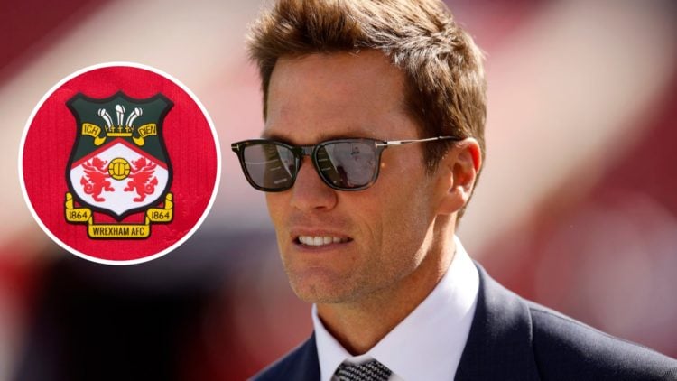Tom Brady attending New Orleans Saints v Tampa Bay Buccaneers. The official club badge of Wrexham AFC on a home shirt.