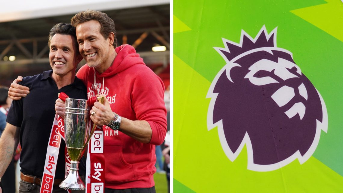 The Premier League logo is seen during the Premier League match between West Ham United and Tottenham Hotspur. Rob Mac and Ryan Reynolds celebrate ...