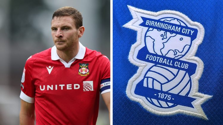 Paul Mullin of Wrexham during the Sky Bet League One match between Wrexham AFC and Shrewsbury Town. The official club badge of Birmingham City.