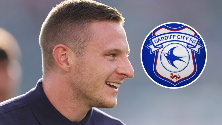 Paul Mullin prior to Chelsea FC v Wrexham - Pre-Season Friendly. Detailed view of a Cardiff City badge.