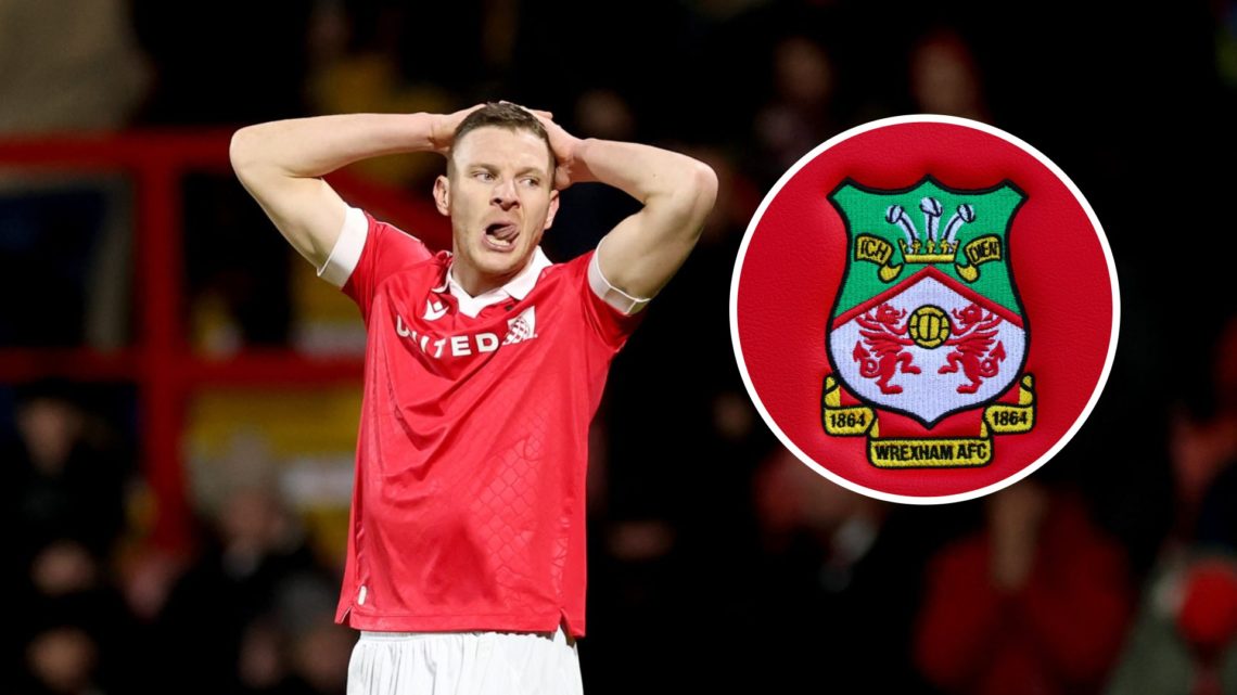 Paul Mullin during Wrexham AFC v Stevenage FC - Sky Bet League One. Wrexham club crest.