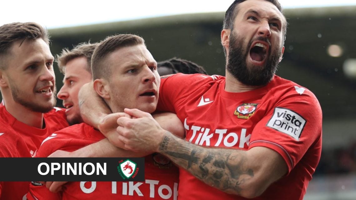 Paul Mullin and Ollie Palmer celebrate for Wrexham, with opinion banner overlaid.
