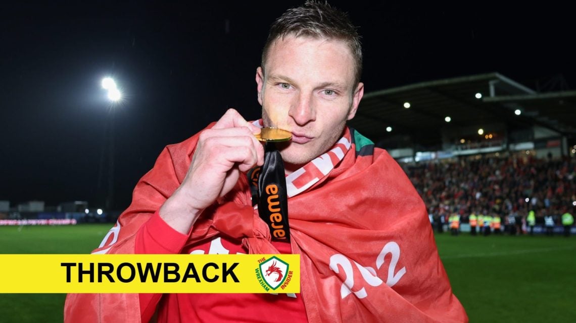 former Wrexham striker Paul Mullin with throwback banner overlaid.