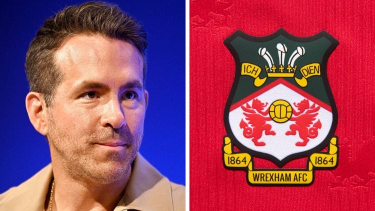 Ryan Reynolds speaks the 2024 Forbes Iconoclast Summit at Cipriani Wall Street. The official club badge of Wrexham AFC on a home shirt.