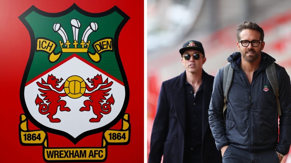 Wrexham badge. Ryan Reynolds and Rob Mac arrive for Wrexham v Boreham Wood.