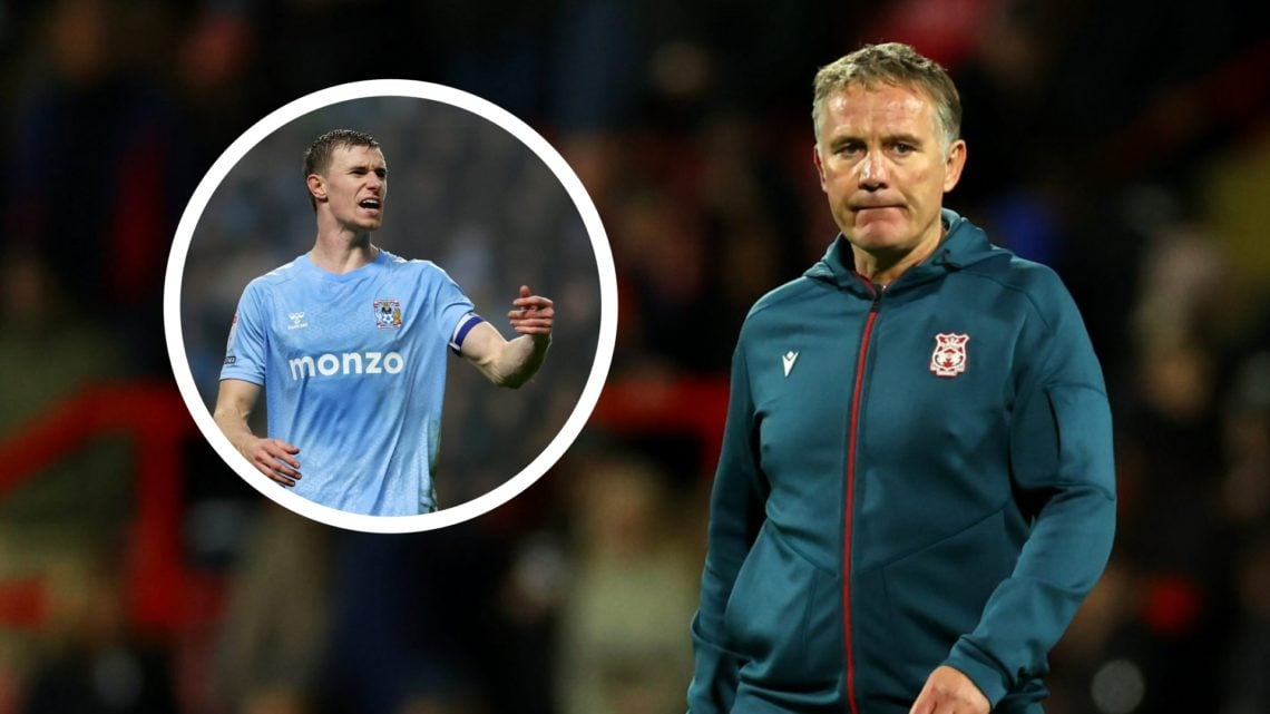 Wrexham manager Phil Parkinson looks on. Inset a picture of Coventry City player Ben Sheaf in action.