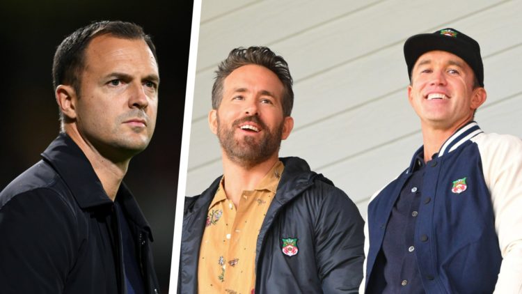 Split image of Birmingham City manager Chris Davies and Wrexham co-owners Ryan Reynolds and Rob Mac.